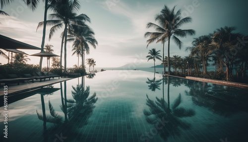 Tranquil scene of palm trees and water at tropical resort generated by AI © djvstock
