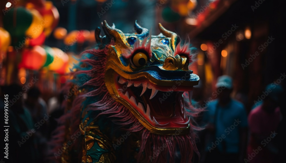 Dragon lantern decoration illuminates traditional Chinese festival celebration at night generated by AI