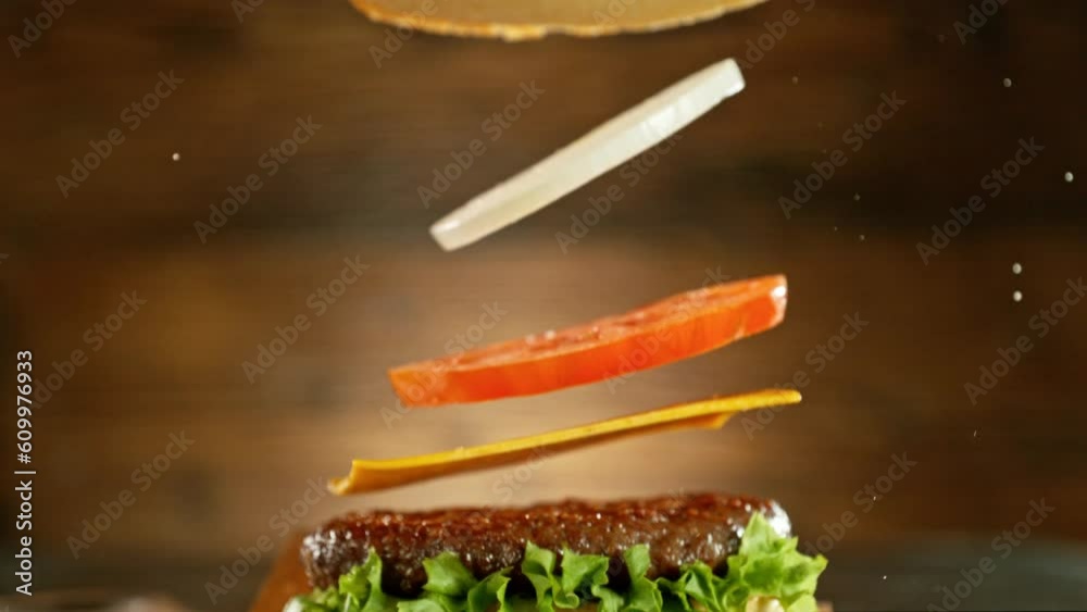 Super slow motion of stacking cheeseburger pieces. Camera in motion. Filmed on high speed cinema camera, 1000 fps. Placed on high speed cine bot.