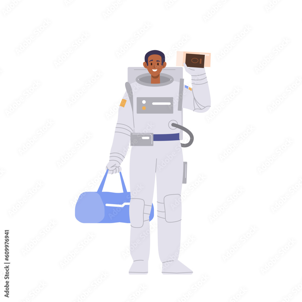 Space tourist happy young male cosmonaut carrying suitcase luggage and boarding pass ready for trip