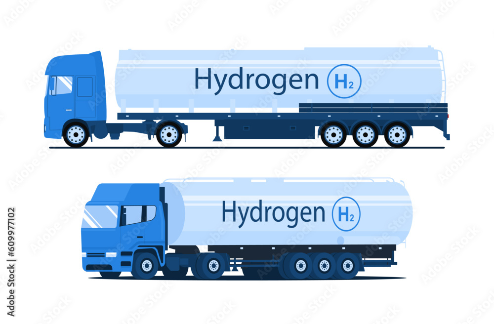 Truck with a tank for transporting liquid hydrogen. Set of two views. Vector illustration.