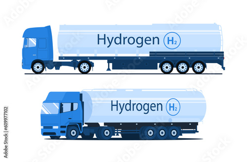 Truck with a tank for transporting liquid hydrogen. Set of two views. Vector illustration.
