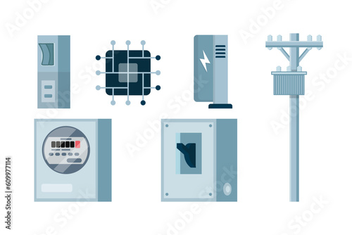 Set Electric Breaker Switchbox Electricity and Energy Equipment Red Buttons.