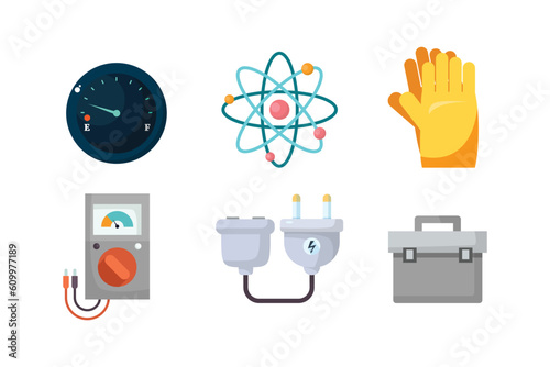Electricity icons set with voltmeter wire screwdriver electrician warning sign isolated vector illustration.