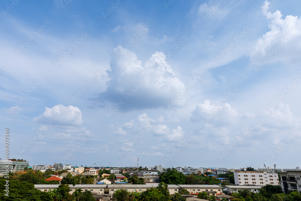 Fototapeta premium Summer blue sky cloud gradient light white background. Gloomy vivid cyan landscape in environment day horizon skyline view
