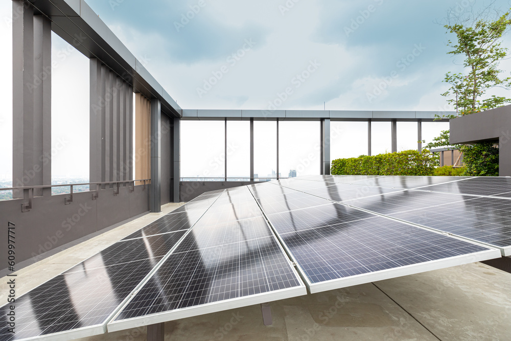 Fototapeta premium Solar panels or Solar cells on rooftop or terrace. Can saving energy. Sun or renewable or Clean energy.