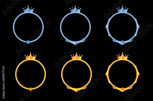 set collection circle golden and silver frames for rpg game avatars, border game with crown decorations in medieval style