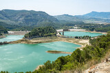 Dams in Andalucia, Southern Spain, suffering from water shortage and low water levels; seen from the Tres Embalses (three dams) viewpoint on the Guadalhorce river