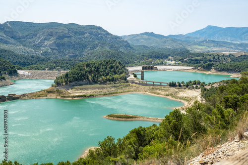 Dams in Andalucia, Southern Spain, suffering from water shortage and low water levels  seen from the Tres Embalses (three dams) viewpoint on the Guadalhorce river © Roel