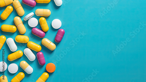 Colorful medicine tablets on blue background. Generative AI