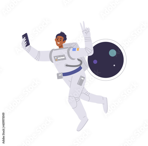 Happy male cosmonaut tourist taking selfie by mobile camera on phone during fantastic journey