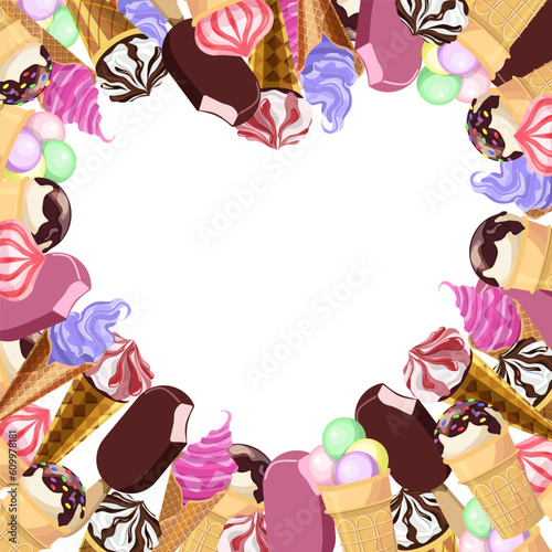 Delicious ice cream, laid out in the shape of a heart on a white background.Vector template of postcards,menus,banners for summer designs.