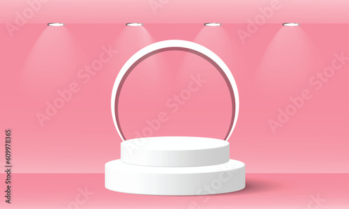 Abstract modern pink scene products light display. Pink show cosmetic product, Podium, stage pedestal or platform. 3d rendering podium. Cylinder podium on pink background.  