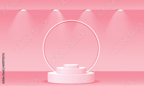 Abstract modern scene products light display presentation. Cylinder podium on pink background.  Mock up, show cosmetic product, Podium, stage pedestal or platform. 3d rendering podium