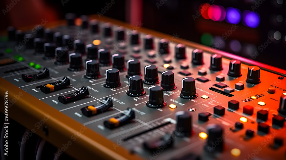 Close-up of audio mixer console in recording studio. Generative AI