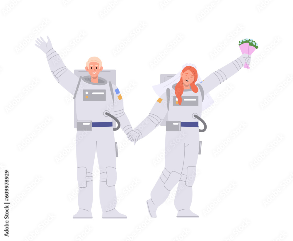 Young male and female cosmonaut loving couple characters celebrating wedding in outer space