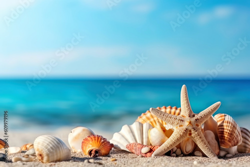 Summer beach with strafish and shells, generative ai