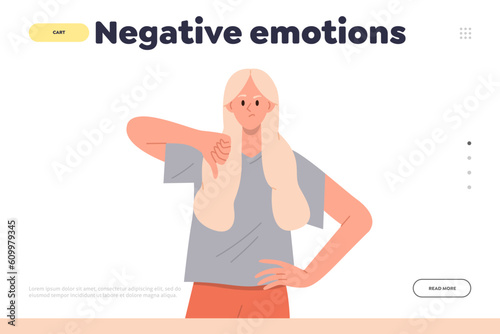 Negative emotion concept for landing page design template with woman gesturing thumbs down