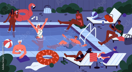 People relaxing by water pool at night. Young men, women resting at nighttime party on summer holiday, weekend, swimming, chilling on deck chairs. Summertime leisure. Flat vector illustration
