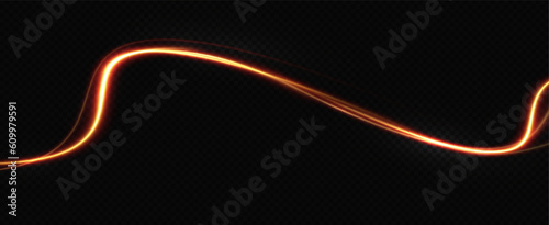 Golden glowing swirl. The effect of moving at the speed of light. Easy trail. Shiny wavy path. Vector.Neon light.