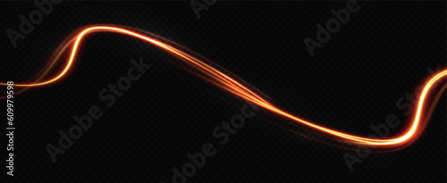 Golden glowing swirl. The effect of moving at the speed of light. Easy trail. Shiny wavy path. Vector.Neon light.
