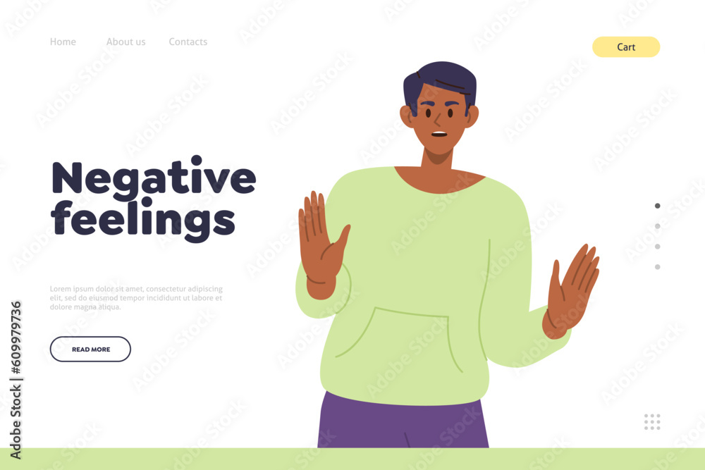 Negative feelings concept for landing page template with worried man character gesturing refuse Negative feelings concept for landing page template with worried man character gesturing refuse