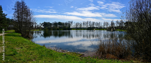 Panorama photo of a large fish pond with reflection in the water, green grass and trees in the background against a blue sky.