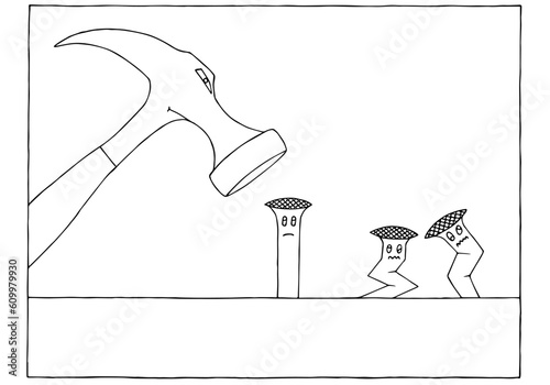 The hammer drives nails poorly. The concept of unskilled work. Hand Drawn. Freehand drawing. Doodle. Sketch. Outline.	