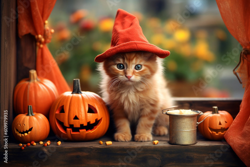 Red kitten in a witch's hat with halloween pumpkins on a porch. Generatiive AI