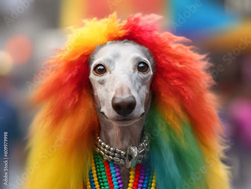 Poodle dog in pride parade. Concept of LGBTQ pride. AI generated
