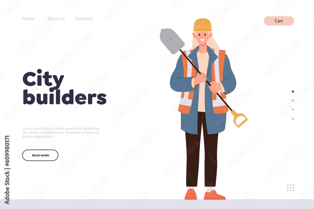 City builders landing page design template offering professional service of industrial workers team