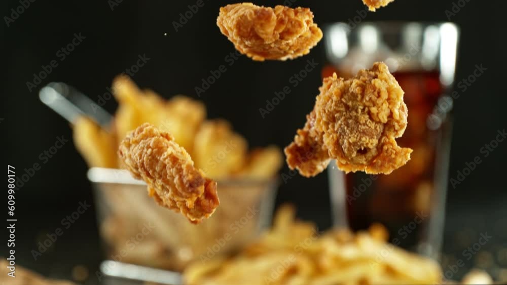 Super slow motion of flying fried chicken pieces with french fries and cola drink. Filmed on high speed cinema camera, 1000fps, placed on high speed cine bot. Camera in motion, following objects.