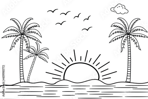 Summer sunset tropical beach line art vector illustration, hand drawn sunset and sunrise outline landscape tropical beach, palm tree with sunset waves Nature view, Kids drawing Beach coloring pages 


