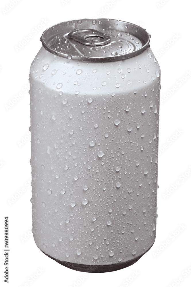 lata de alumínio branca sem marca com gotas de água isolado em fundo transparente - lata de refrigerante suada  - obrazy, fototapety, plakaty 