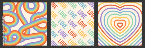 Rainbow colorful abstract square banners set. Funky backgrounds for LGBT pride month. Retro groovy social media post template