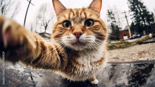 The cat takes a selfie, takes a picture on the phone, the effect of a fisheye. city AI generated. © Valeriia