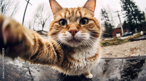 The cat takes a selfie, takes a picture on the phone, the effect of a fisheye. city AI generated.
