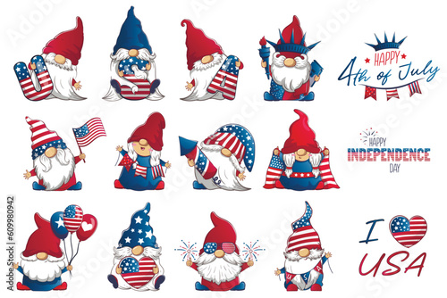 Bundle with cute patriotic leprechauns 4th July independence day. Vector cartoon illustration of festive gnomes with American symbols.