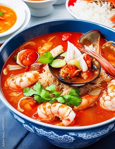 Tom Yum Kung, a famous food in Thailand. There are large prawns. in a bowl on the table,  photo