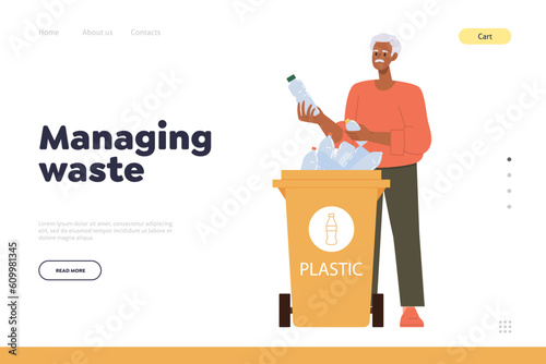 Managing waste landing page template with senior man sorting plastic trash into special container