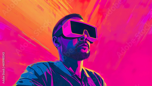 Portrait of a man wearing virtual reality goggles. 3D rendering. Generative AI © CreativeCanvas