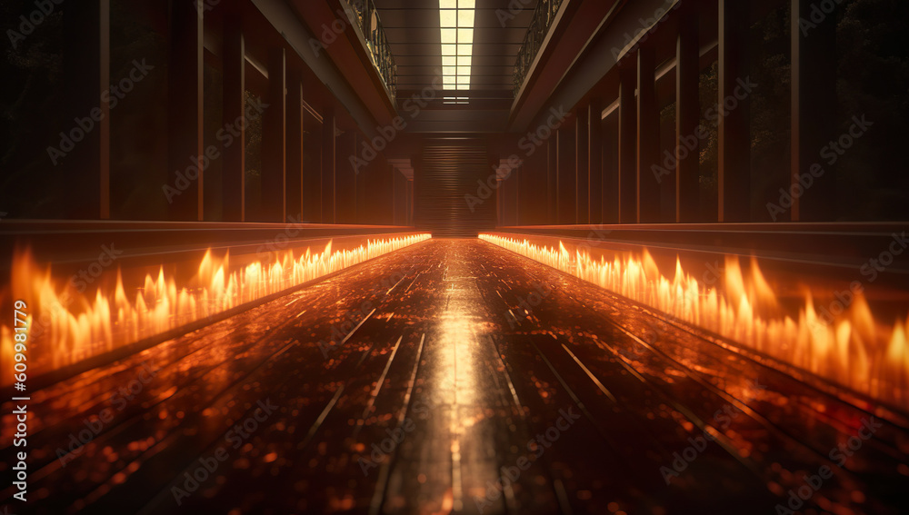 3D illustration of a corridor with glowing lights and a dark background. Generative AI