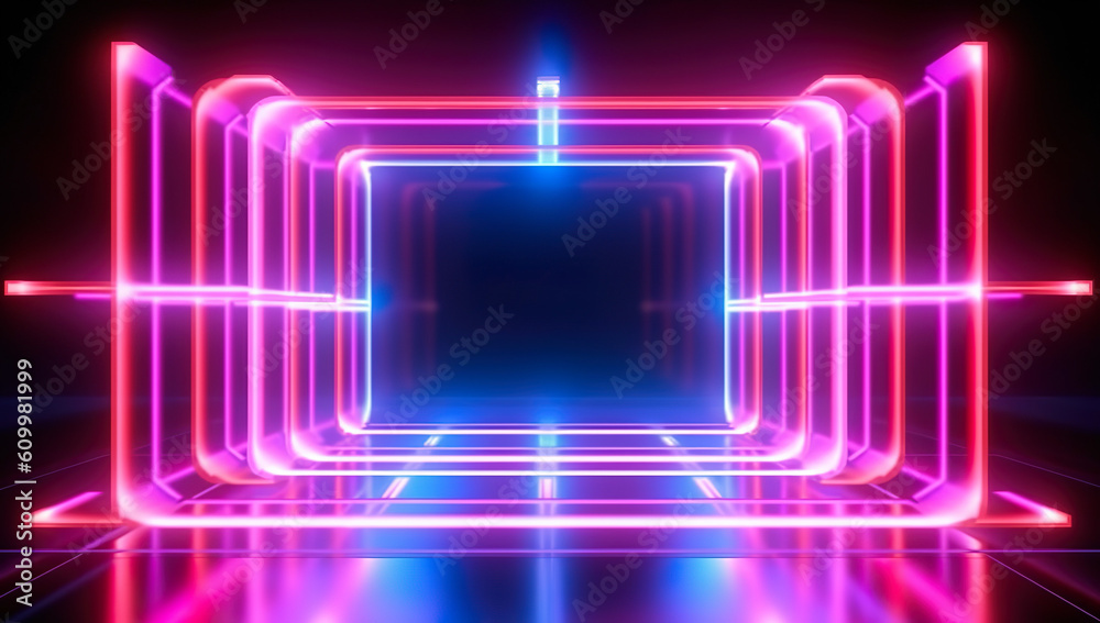 3D abstract background with neon lights. Neon tunnel. Space construction. 3D illustration 3D abstract background with neon lights. Neon tunnel. Space construction. 3D illustration