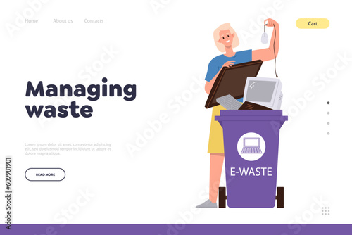 Managing waste landing page design template with young woman sorting broken electronic equipment