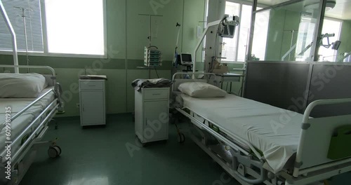 Beds in the postoperative ward. A ward for monitoring a patient in the intensive care unit. .