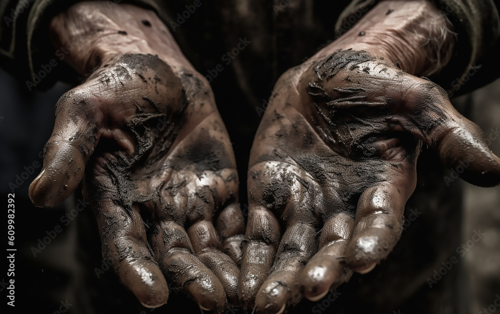 Dirty hands of a worker. Generative AI technology. Dirty hands of a worker. Generative AI technology.