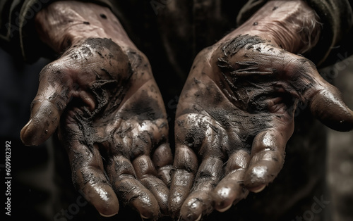 Dirty hands of a worker. Generative AI technology. 