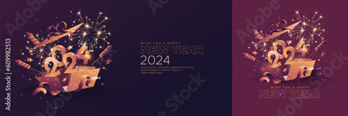 Happy new year 2024 celebration template with 3D number in open gift box and fireworks background. Festive 2024 new year celebration template