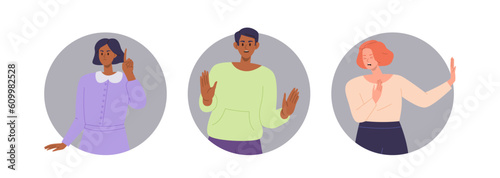 Round composition of people feeling negative emotion trying to protect their rights and opinion