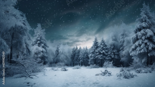christmas year snow tree forest sky new white winter fir holiday background. Generative AI. © SHOTPRIME STUDIO